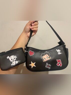 Betty Boop Black Shoulder Bag with Cartoon Patch Motifs
